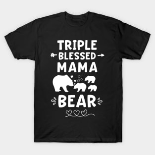 Triple Blessed Mama Bear Heart & Arrow Three Baby Cubs Mom T-Shirt